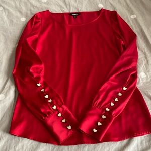 Valentine heart button red silk like express blouse
